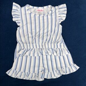 Little Lass Striped Ruffle Romper in Blue and White